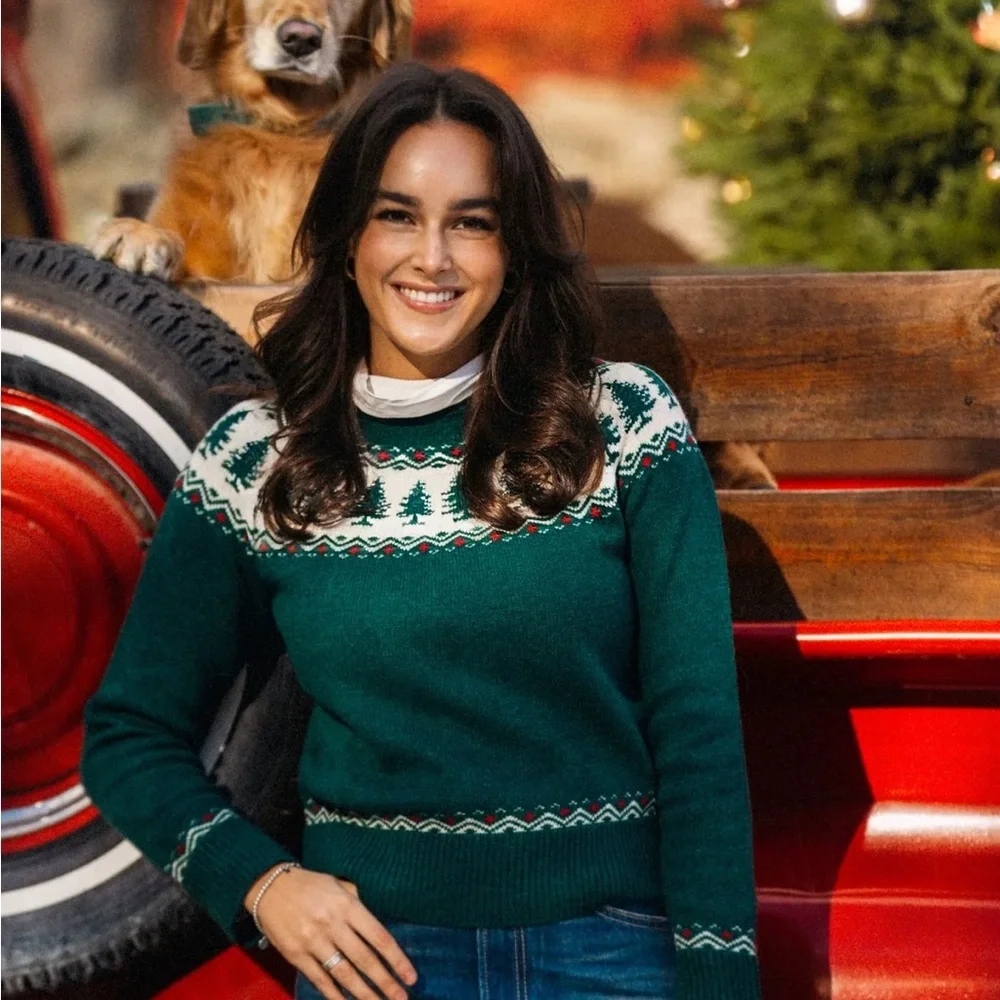 Kiel James Patrick Green Cream Red Fair Isle Tree Crewneck Sweater - Picture 3 of 4